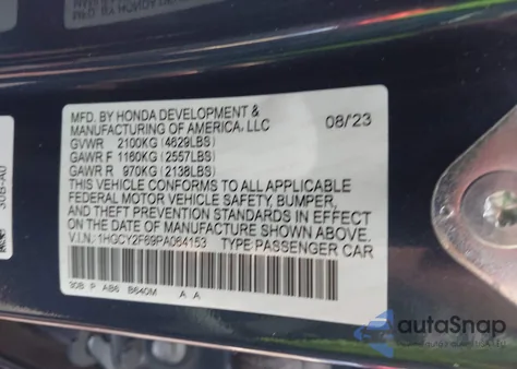 2023 Honda Accord Hybrid Ex-L z USA, uszkodzony, nr VIN 1HGCY2F69PA064153